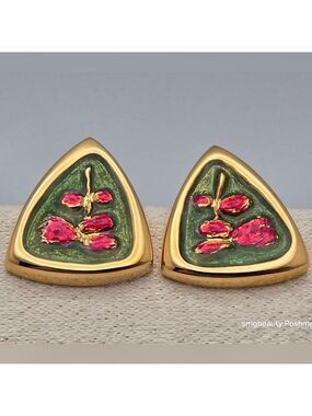 Red Roses & Green Leaves Enamel Handmade Vintage Gold-Tone Stud Earrings